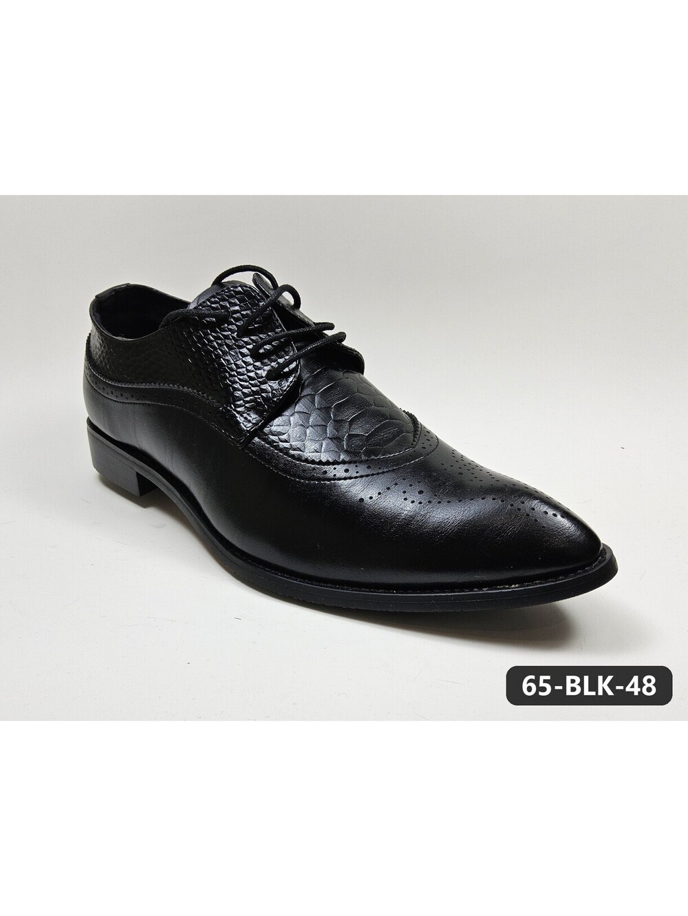 Men's Black Pointed-Toe Brogue Derby Shoes with Snakeskin-Embossed Vamp
